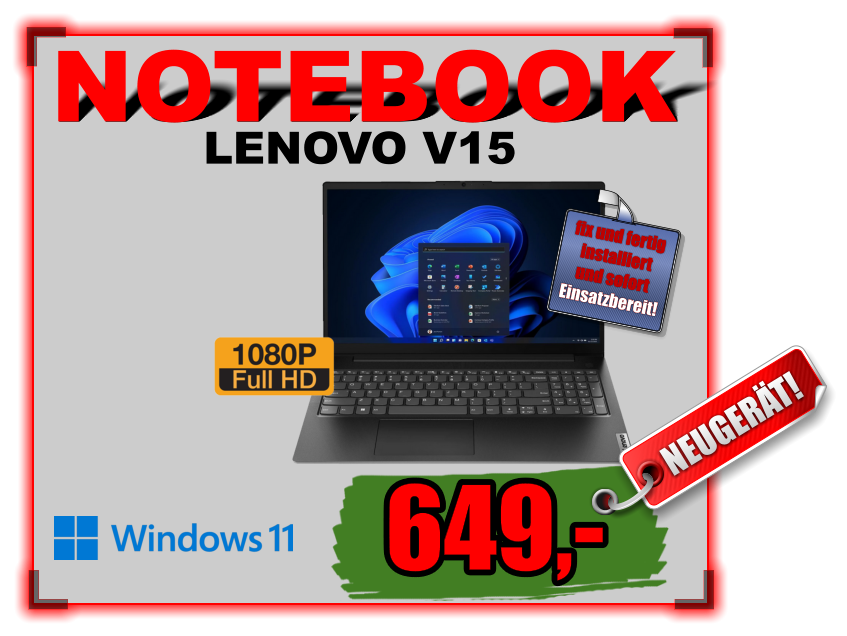 LENOVO V15 NOTEBOOK 649,- NEUGERÄT! fix und fertig installiert und sofort Einsatzbereit!